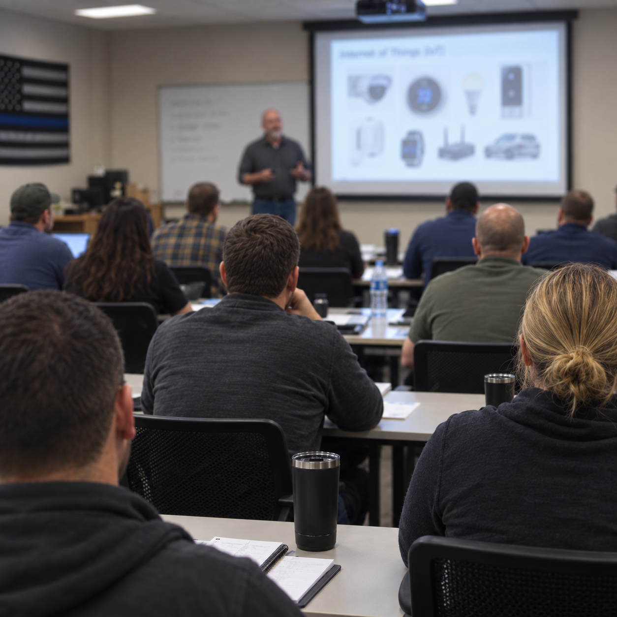 Students attending a training session, viewing a presentation screen